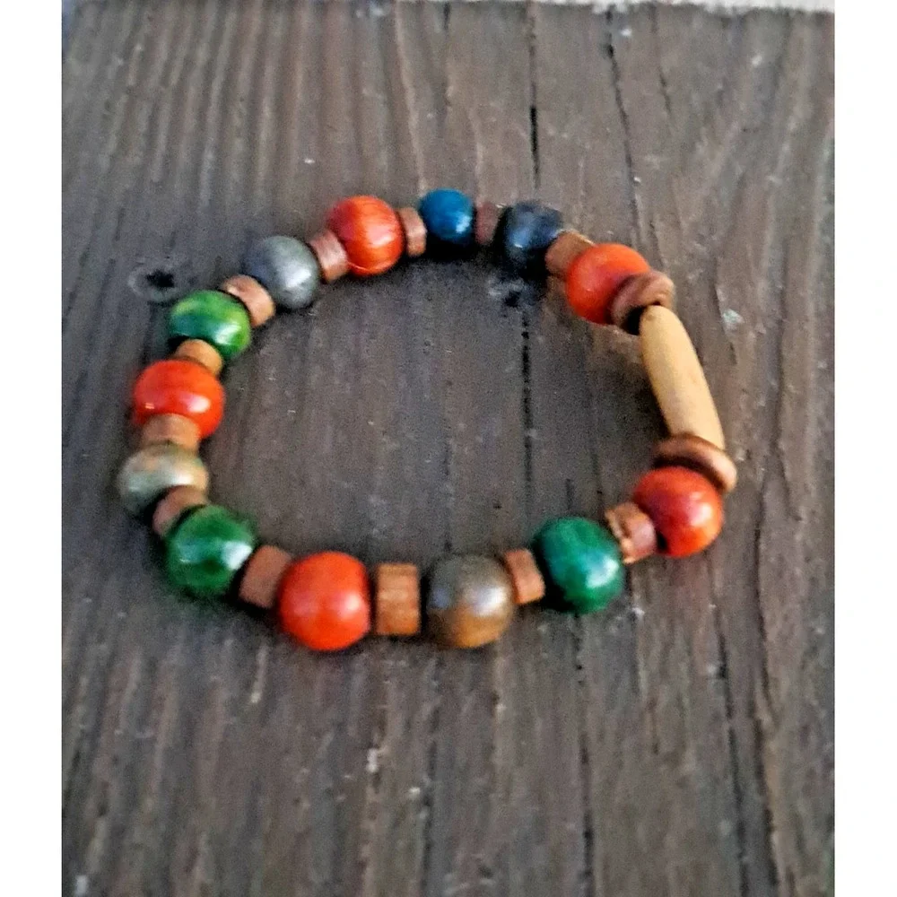 Mens Multi Color Wood Bead Stretch Bracelet Boho Surf Seed Bead Handcrafted